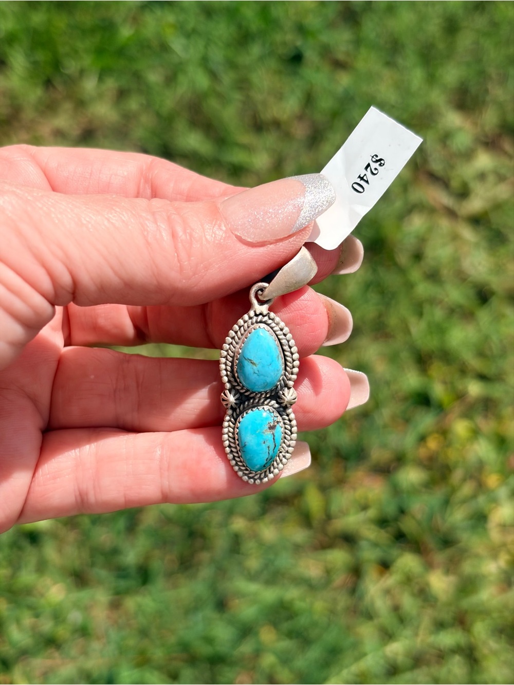925 Sterling Silver Tonopah Turquoise Double Stone Pendant - Picture 3 of 10